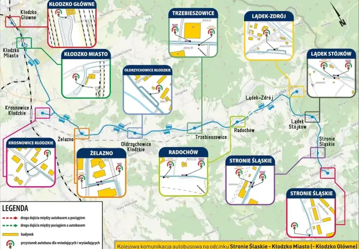 Mapa pokazuje trasy autobusów i pociągów, pomagając sprawdzić, gdzie jest pociąg i jak do niego dotrzeć.