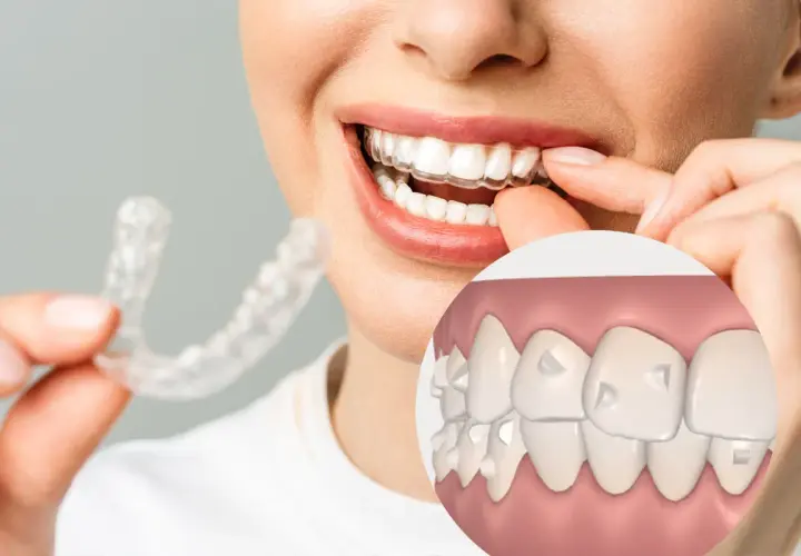 Una mujer sonríe mientras se coloca un alineador transparente. Un primer plano muestra dientes con pequeños ataches, revelando para que sirven los ataches: guiar el movimiento dental.