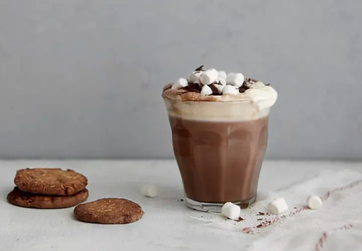 En härlig varm choklad med fluffigt skum, marshmallows och chokladströssel. Bredvid ligger några krispiga kakor.