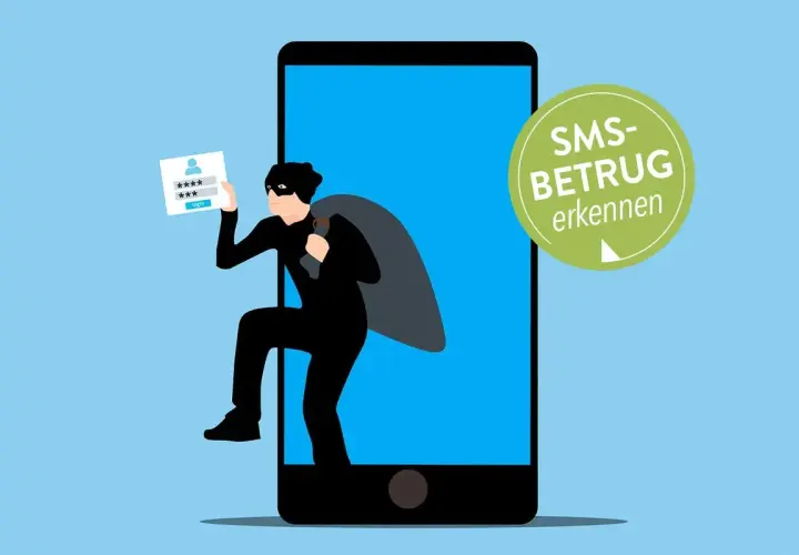 Ein Dieb klettert aus einem Smartphone, das eine Login-Seite zeigt. Vorsicht vor SMS-Betrug!