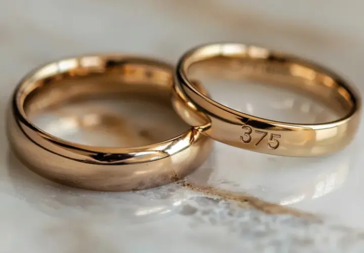 Dwa złote pierścionki, symbol miłości. Jeden z nich ma wybite "375", co oznacza, że to białe złoto próby 375.