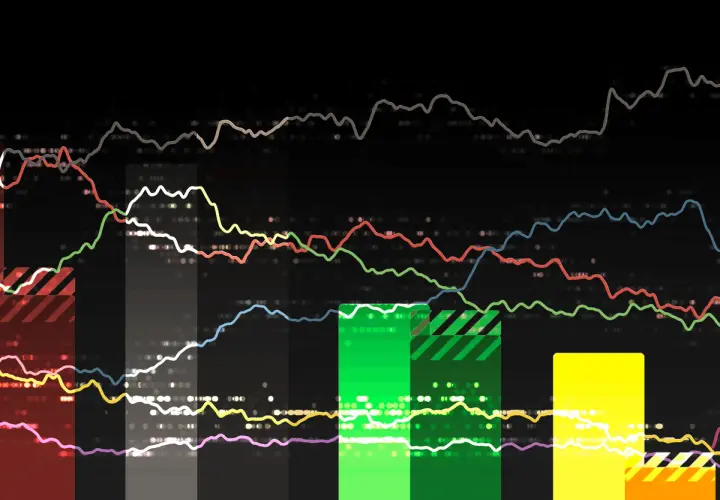 Bunte Linien auf schwarzem Hintergrund, die Daten einer Ipsos Umfrage darstellen. Balken und Punkte visualisieren die Ergebnisse.