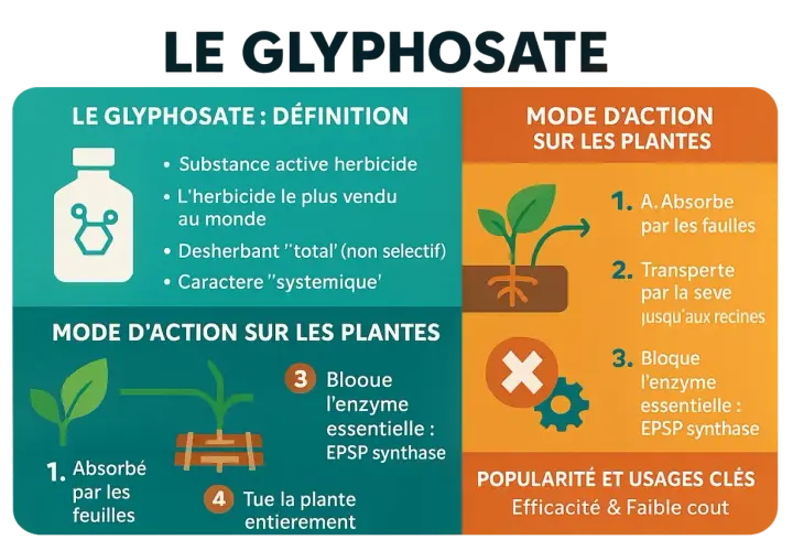 Infographie expliquant le glyphosate, son mode d'action sur les plantes et sa popularité en France.