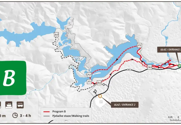 Mapa z trasami spacerowymi po Jeziorach Plitwickich. Program B oznaczony kolorem czerwonym, długość 4 km, czas 3-4h.