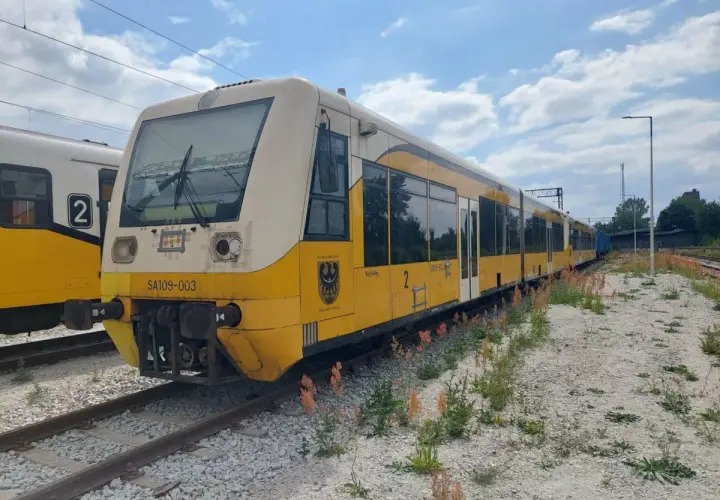 Żółty pociąg SA109-003 stoi na torach, gotowy do podróży.