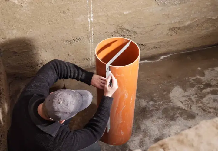 Mann markiert Rohr für Pumpensumpf im Keller, um Grundwasser abzuleiten.