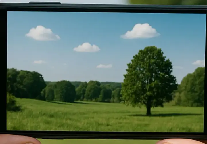 Piękne, zielone pole z samotnym drzewem i chmurami na niebie, uchwycone przez aparat w telefonie.