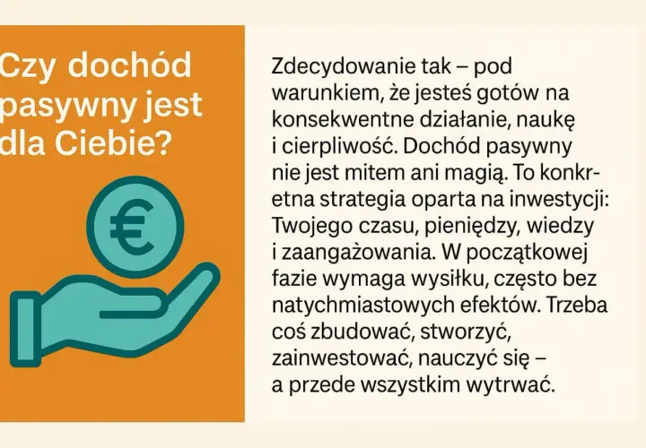 Chcesz wiedzieć, jak zacząć dochód pasywny? Grafika pokazuje rękę trzymającą monetę z symbolem euro, sugerując inwestycje i zarabianie.