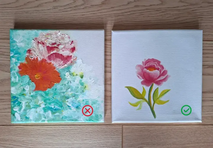 Deux peintures acryliques de fleurs. L'une est un chaos de couleurs vives, l'autre une pivoine délicate.