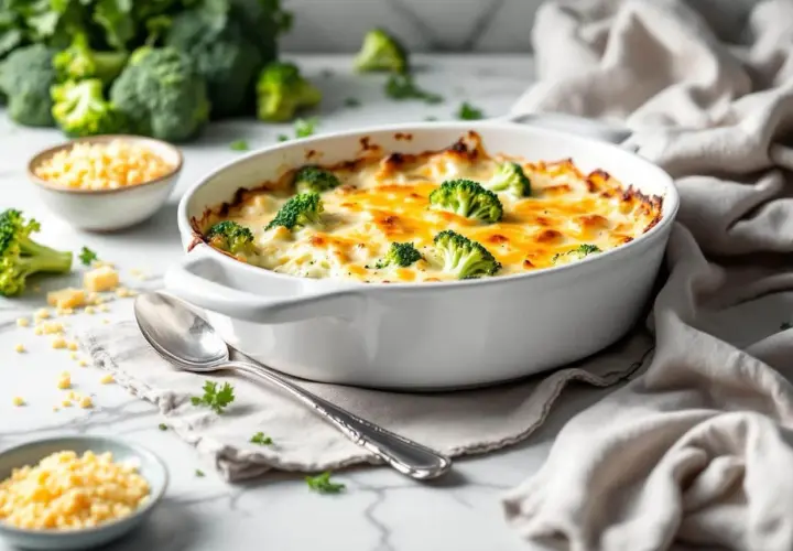 Un délicieux gratin de brocolis tout juste sorti du four, avec son fromage doré et fondant.