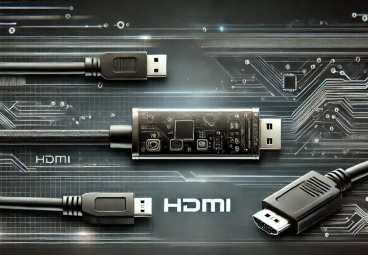 Kabel mit HDMI-Anschlüssen und ein Adapter, der an eine Leiterplatte erinnert, im Vergleich zu DisplayPort.
