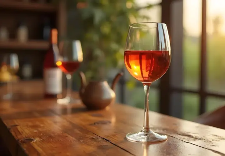 Ein Glas mit leuchtend orangefarbenem Wein steht auf einem Holztisch. Im Hintergrund sind weitere Gläser und eine Flasche zu sehen.