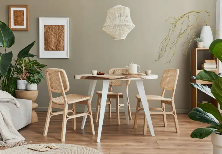 Einrichtung im skandinavischen Stil mit Rattan-Stühlen, Holztisch und Pflanzen. Viele einrichtungsstile namen passen hier.