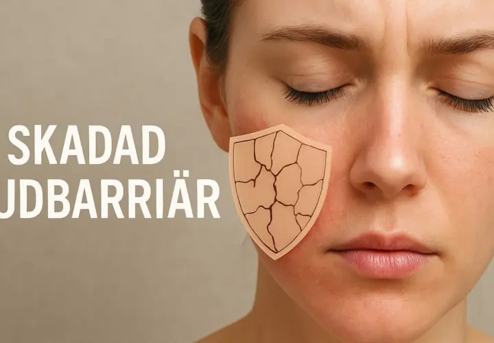 Ansiktet visar en skadad hudbarriär, symboliserad av ett sprött sköldmönster. Texten "SKADAD HUDBARRIÄR" antyder behovet av att bygga upp tunn hud.