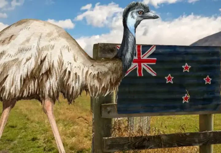 Emu, największy ptak na świecie, stoi obok flagi Nowej Zelandii na tle górskiego krajobrazu.