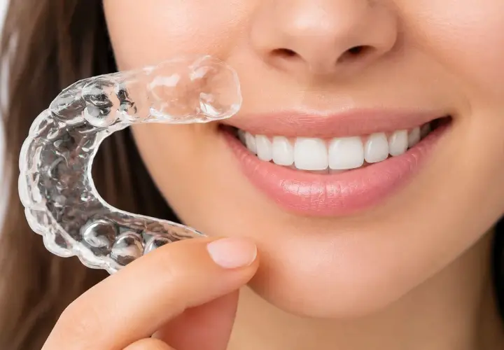 Una mujer muestra su sonrisa perfecta con un alineador transparente Invisalign.