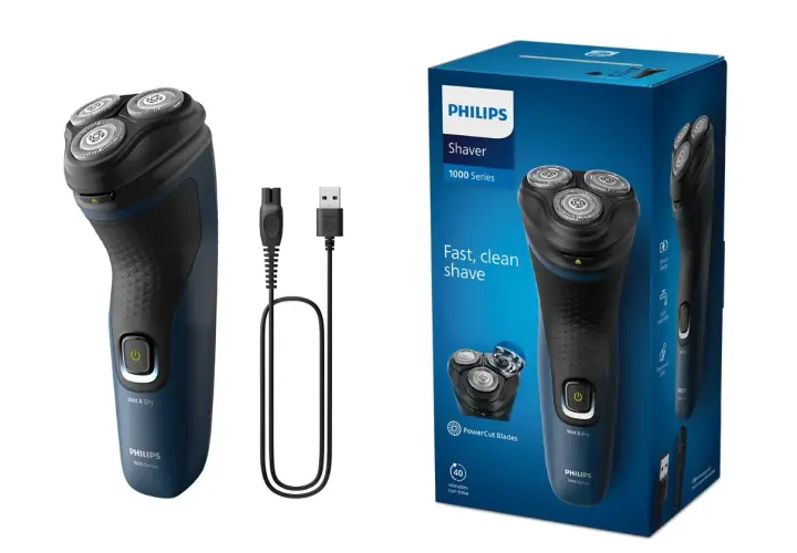 Golarka Philips 1000 Series, kabel USB i opakowanie.