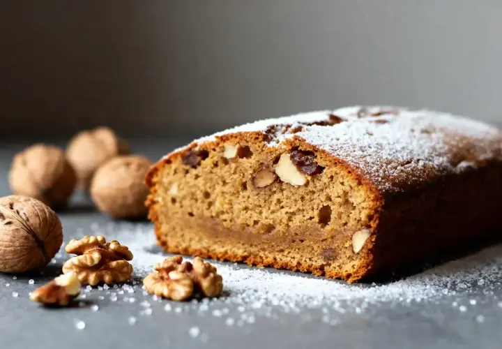 Tranche d'un gâteau aux noix moelleux, saupoudré de sucre glace, avec des noix entières et décortiquées autour. Une invitation à la recette !
