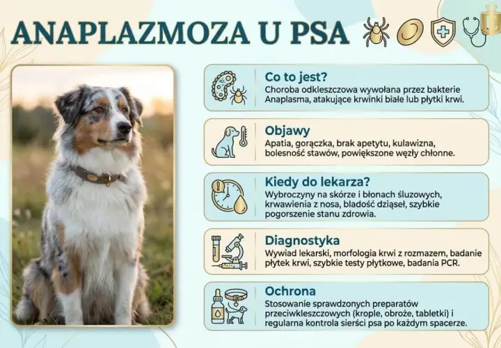 Anaplazmoza u psa: objawy, diagnostyka i ochrona. Zdjęcie przedstawia psa rasy Australian Shepherd, obok którego znajdują się informacje o chorobie.