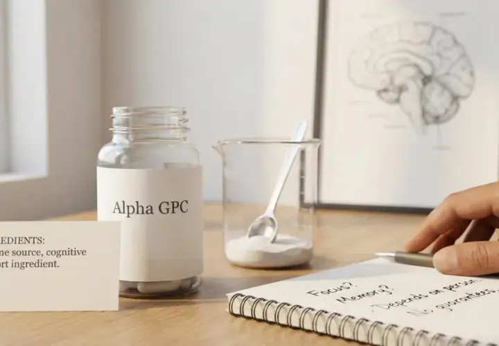 Flaccone di Alpha GPC, fonte di colina per il supporto cognitivo. Sul taccuino si legge "Focus? Memory? No guarantees.