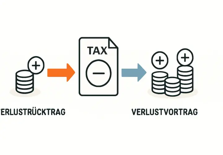 Verlustrücktrag zeigt, wie Steuern durch einen Verlustvortrag reduziert werden können. Münzstapel mit Pluszeichen werden durch ein Steuerdokument mit Minuszeichen geleitet, was zu mehr Münzen führt.