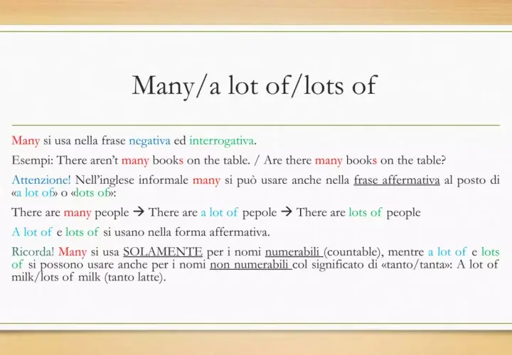 Molti/tanti/un sacco di: spiegazione sull'uso di "many", "a lot of" e "lots of" in inglese, con molti esempi.