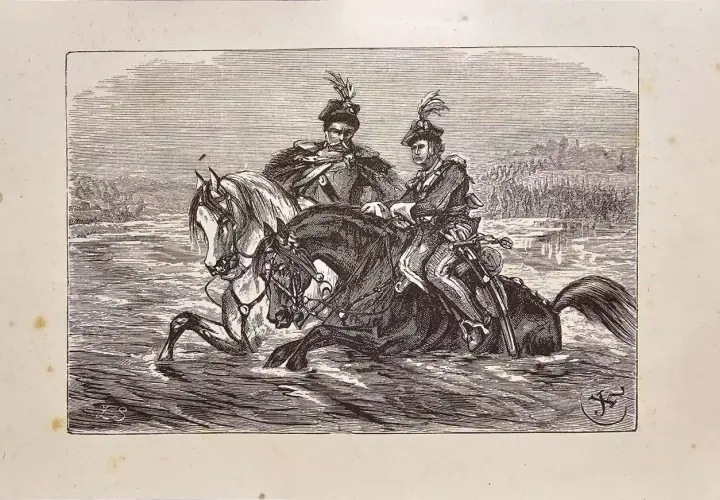 Dwaj jeźdźcy w strojach historycznych na koniach przeprawiają się przez wodę.