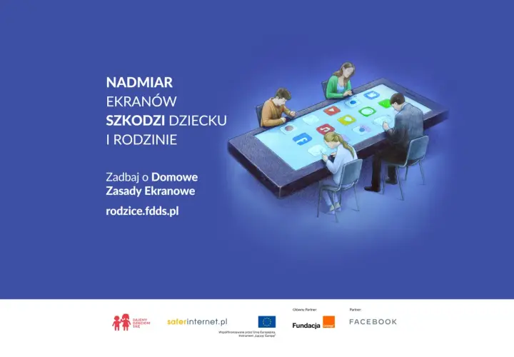 Rodzina pochłonięta przez ekrany smartfona, ilustracja ostrzegająca przed nadmiarem ekranów w wychowaniu dzieci.