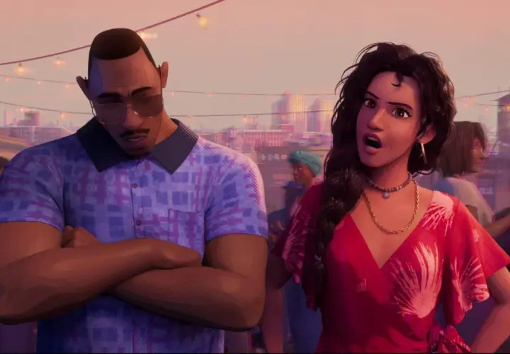 Le père de Miles Morales, Jefferson Davis, est présent à une fête animée sur un toit, les bras croisés, l'air pensif.