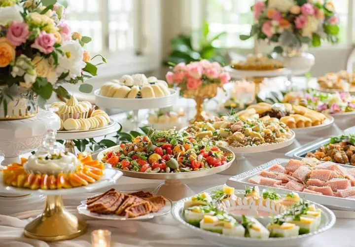 Buffet de mariage élégant avec salades colorées, petits fours, fruits et pâtisseries. Une recette mariage parfaite pour célébrer.