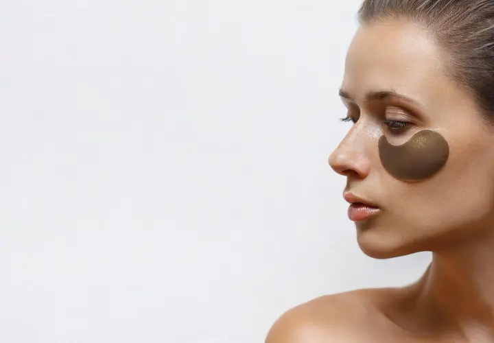 Kobieta z płatkami pod oczy, które obiecują widoczne retinol pod oczy efekty. Skóra wygląda na nawilżoną i odświeżoną.