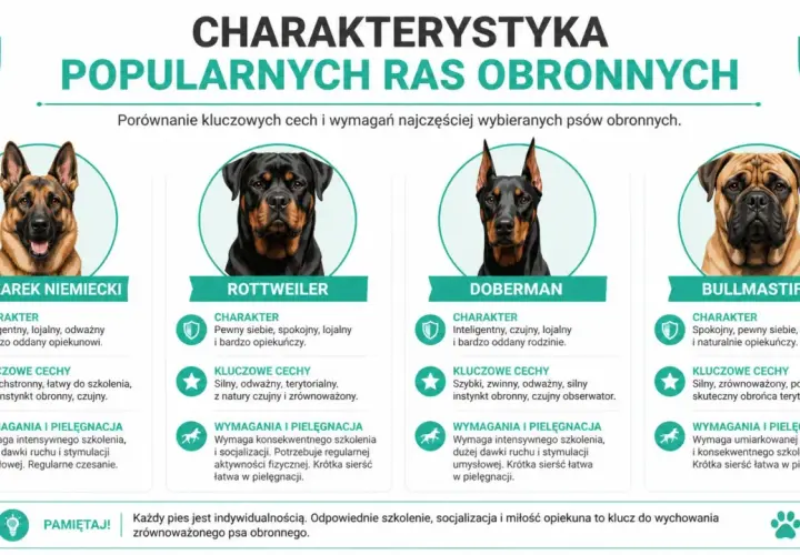 Cztery psy obronne: owczarek niemiecki, rottweiler, doberman i bullmastiff. Każdy pies stróżujący ma swoje cechy.