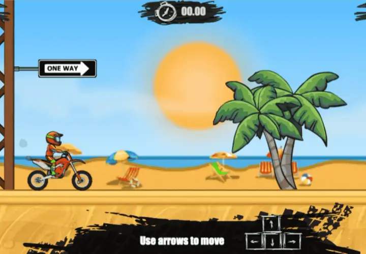Motocyklista na plaży w grze wyścigowej. Idealne darmowe gry bez internetu dla fanów adrenaliny.