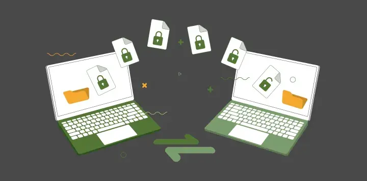 Dwa laptopy wymieniające zaszyfrowane pliki, symbolizujące bezpieczne przechowywanie danych.