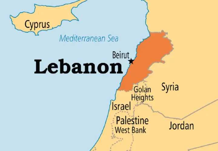 Mapa polityczna Bliskiego Wschodu. **Liban gdzie leży** między Morzem Śródziemnym, Syrią i Izraelem. Stolica: Bejrut.