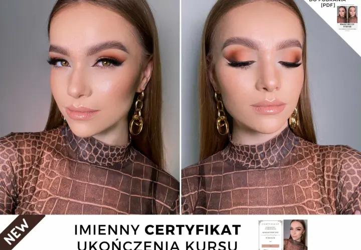 Makijaż foxy eyes z kocim spojrzeniem, podkreślony brązowymi cieniami i wyraźną kreską. Ukończony kurs makijażu.
