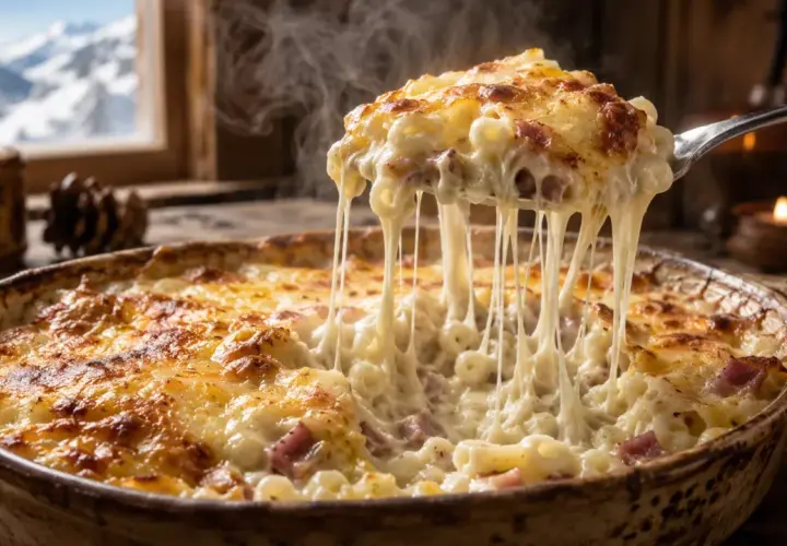 Un gratin de crozet fumant, débordant de fromage filant, réconfortant après une journée au ski.