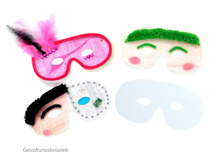 Kreative Ideen zum **masken bemalen**: bunte Masken mit Federn, grünen Haaren und sogar einer kleinen Platine.