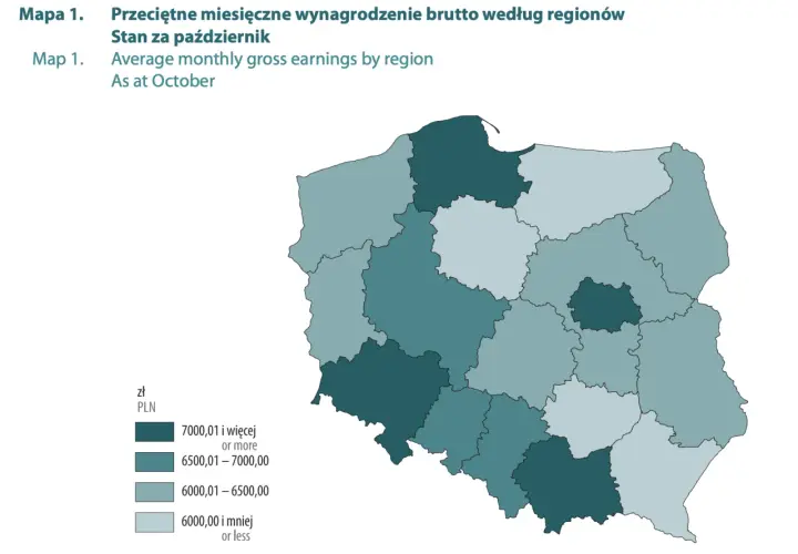 Mapa Polski z podziałem na regiony, pokazująca, ile wynosi średnia krajowa wynagrodzeń brutto w październiku.