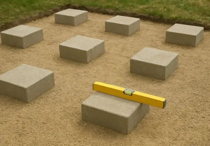 Siedem betonowych bloków tworzy fundament pod taras. Poziomica na jednym z nich zapewnia idealne wyrównanie.