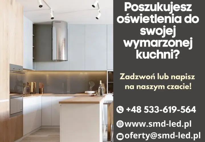 Nowoczesna kuchnia z wyspą i okapem. Szukasz oświetlenia kuchni inspiracje? Zadzwoń lub napisz!