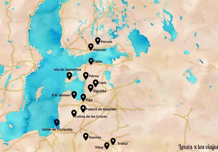 Mapa de los países bálticos: Estonia, Letonia y Lituania, con sus capitales y puntos de interés.