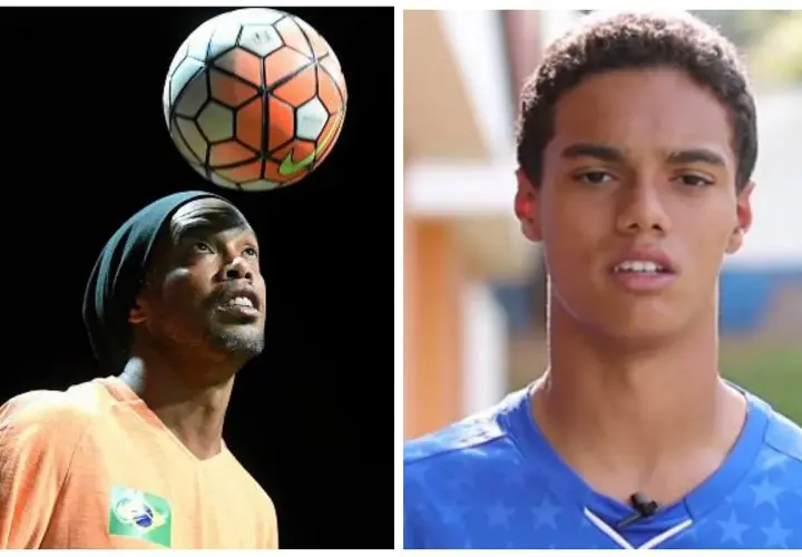Ronaldinho z piłką nad głową i jego syn. Ile dzieci ma Ronaldinho? Dwoje.