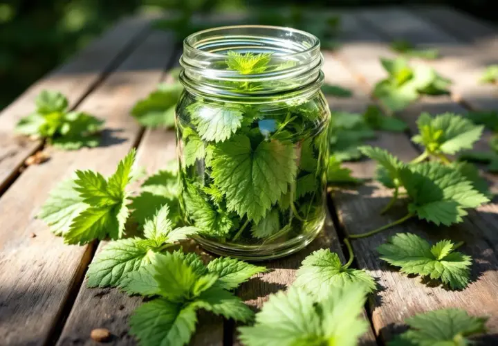 Bocal rempli d'orties, prêt à devenir un purin d'ortie efficace contre les pucerons. Des feuilles d'ortie parsèment la table en bois.