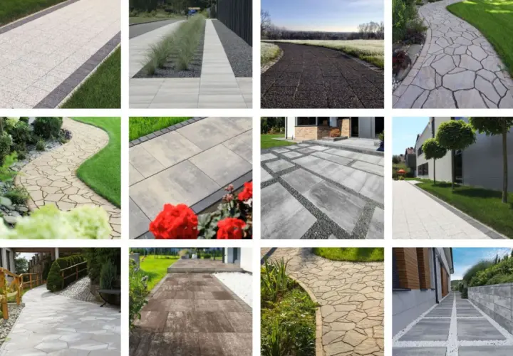Inspiracje na betonowy chodnik zrób to sam: ścieżki ogrodowe, podjazdy, tarasy. Różne wzory i kolory kostki brukowej.