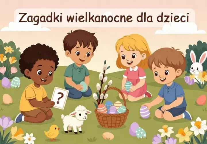 Dzieci szukają jajek wielkanocnych, rozwiązując zagadki. Wesoła atmosfera, pisklę, baranek i zajączek.