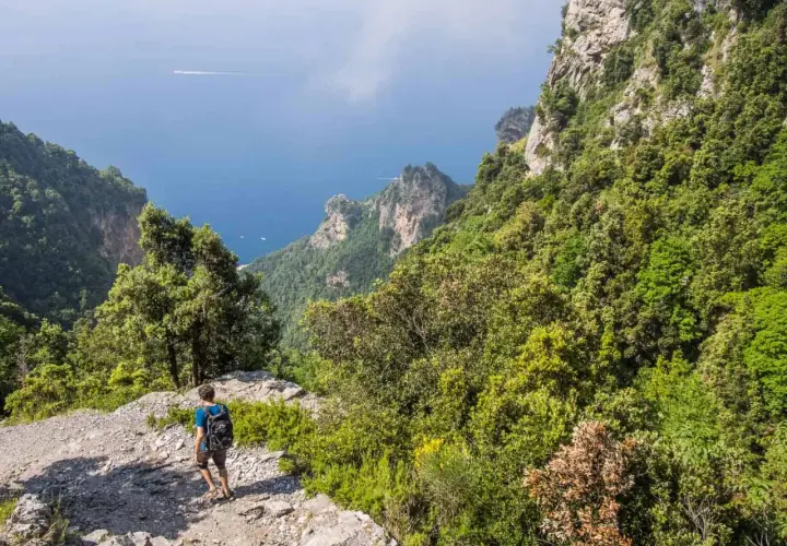 A hiker walks along the rocky path of the Sentiero degli Dei, with lush green mountains and the blue sea stretching out below.