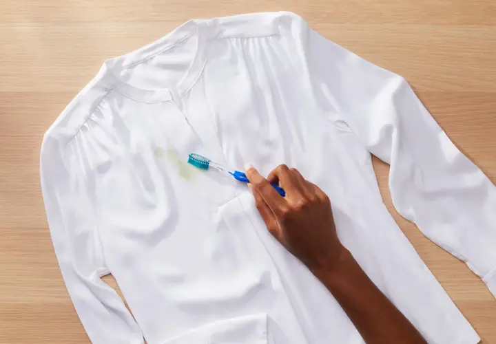 Une main utilise une brosse à dents pour enlever une tache verte sur une chemise blanche. Astuce : comment enlever de la colle sur un vêtement.