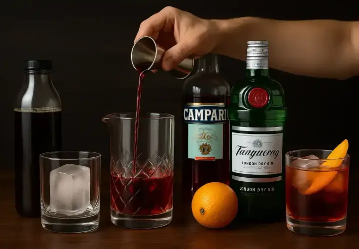 Dłoń wlewa czerwony płyn z jiggera do szklanicy. Obok butelki ginu, Campari, pomarańcza i gotowy koktajl.