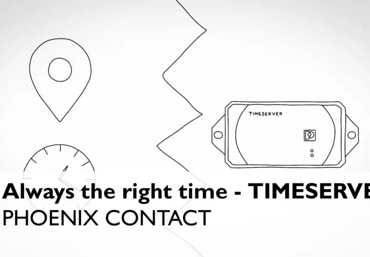 NTP Timeserver od PHOENIX CONTACT zapewnia zawsze idealny czas. Ikony lokalizacji i zegara podkreślają precyzję.